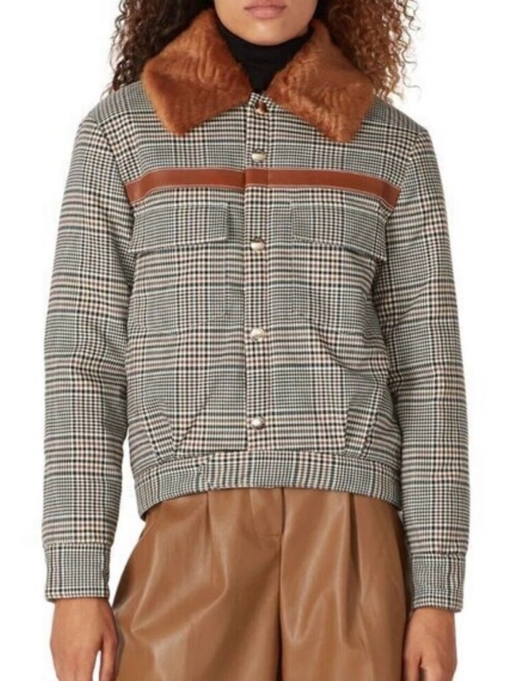 Staud Grey Checked Faux Fur Collar Midweight Non-Stretch Weave Jacket Size M